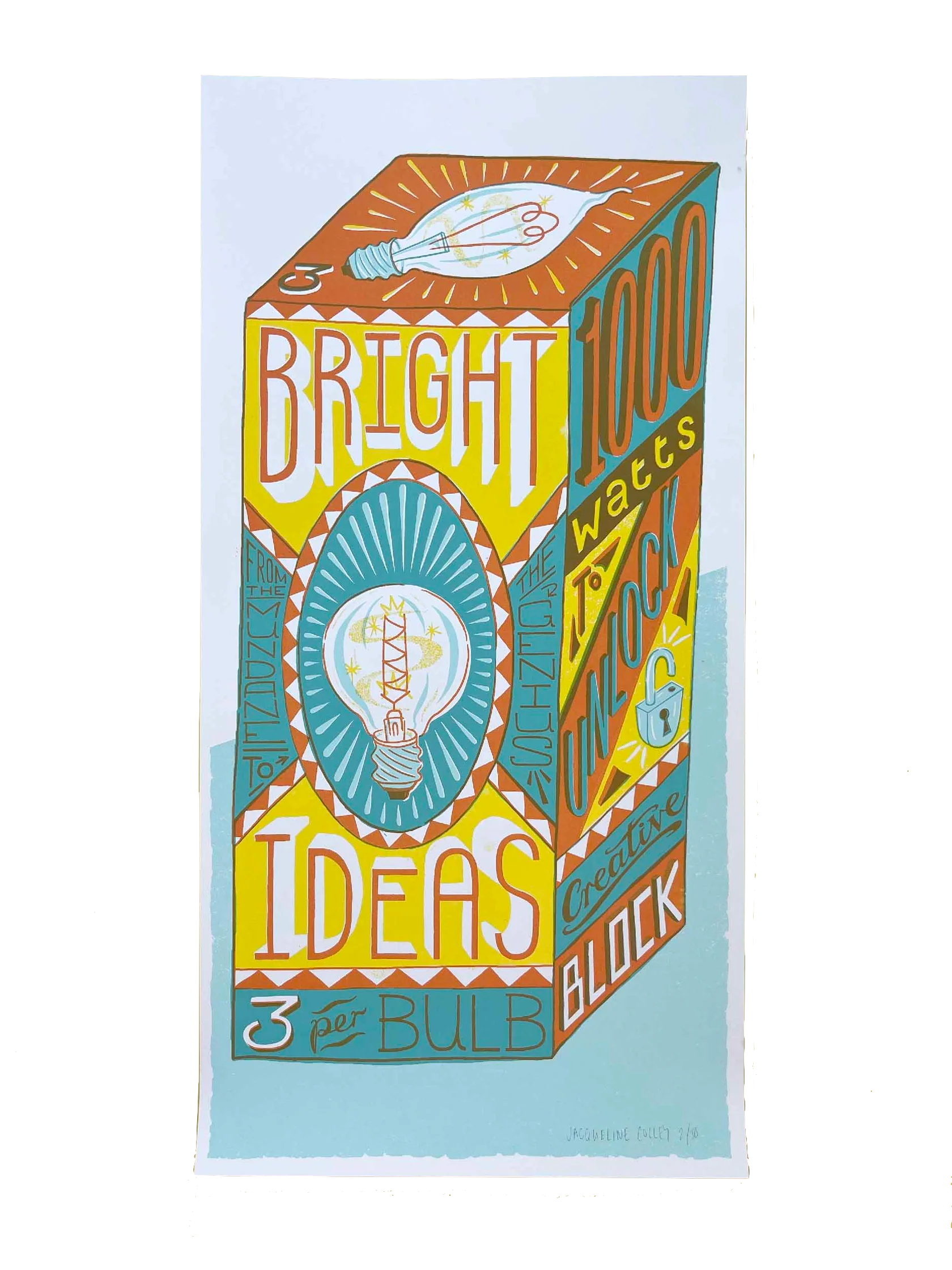 Colourful green and orange silk screen print with the typography Bright Ideas, by Londoner Jacqueline Colley. Available at www.cuemars.com