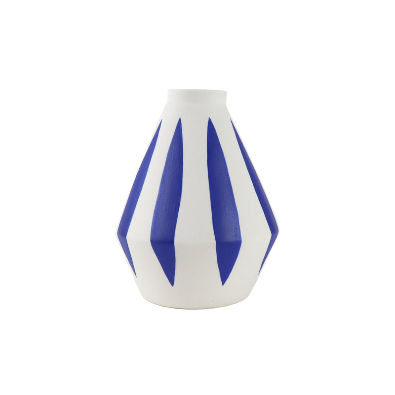 Blue striped porcelain diamond shape vase, handmade and handprinted by East London based ceramicist Sophie Alda, available at www.cuemars.com