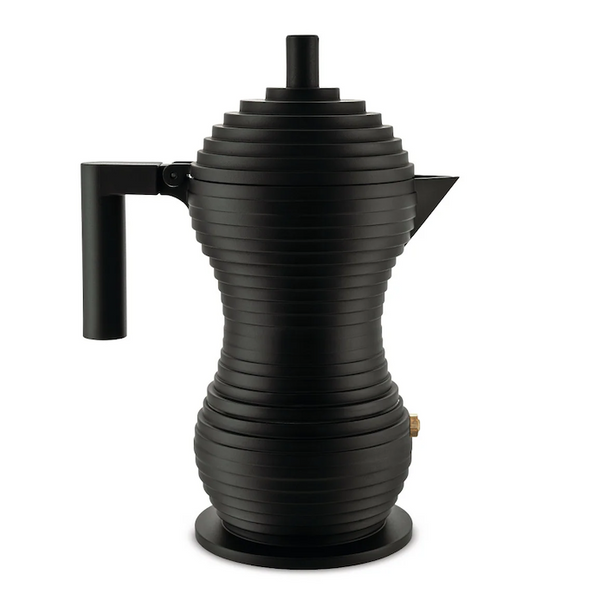 Alessi Pulcina Espresso Maker in black aluminium cast with a black handle and knob in the shape of a chick or pulcina in italian