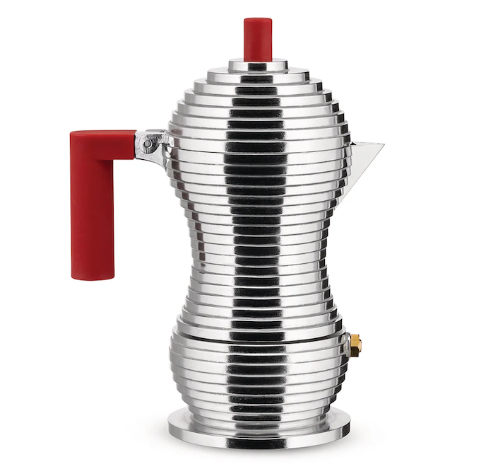 Alessi Pulcina Espresso Maker in aluminium cast with a red handle and knob in the shape of a chick or pulcina in italian