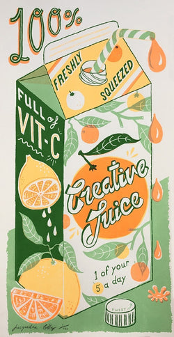 Colourful green and orange silk screen print with the typography Creative Juice, by Londoner Jacqueline Colley. Available at www.cuemars.com