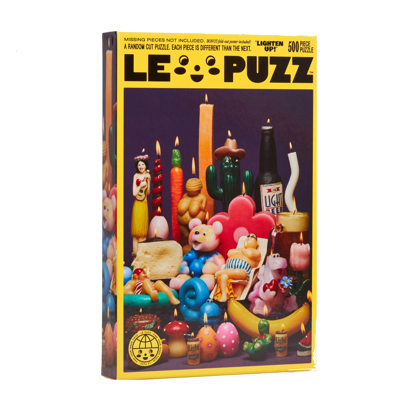 Lepuzz Lighten Up puzzle box featuring a colourful design with vintage candle characters