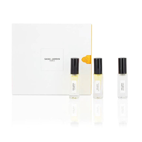 Sana Jardin woody and amber set of three 10ml best selling perfumes available at Cuemars.com