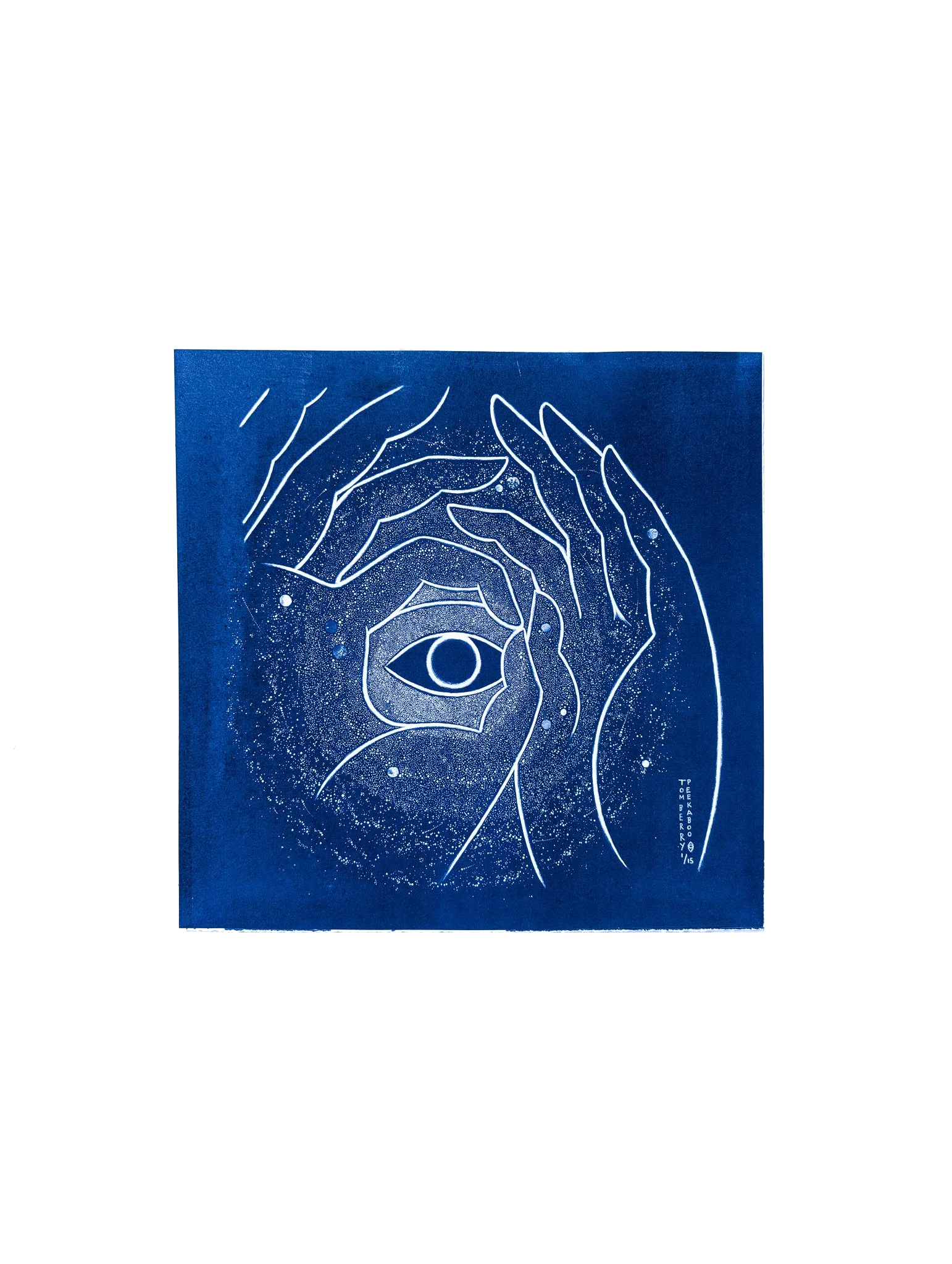 Handmade cyanotype artwork on deep blue background featuring white line drawings of multiple hands forming a circular frame around a single eye, with subtle speckled star-like patterns throughout.