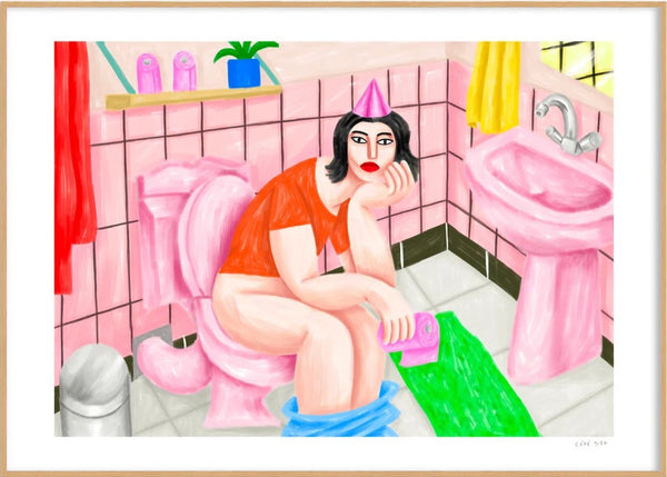 woman on the toilet with a pink mobile phone on her hand and a birthday hat by illustrator Cé Pé available at Cuemars