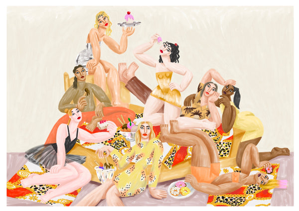 Mixture of women lying down eating french pastries posing for a portrait. Illustrated by French artist Ce Pe. Available in different sizes at www.cuemars.com