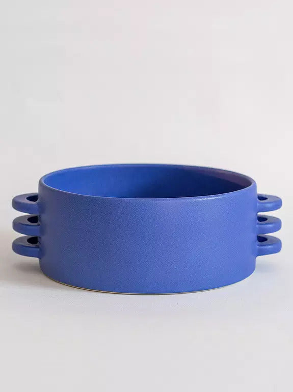 blue ceramic fruit bowl made with three horizontal handles made and painted by hand by ceramics by laura