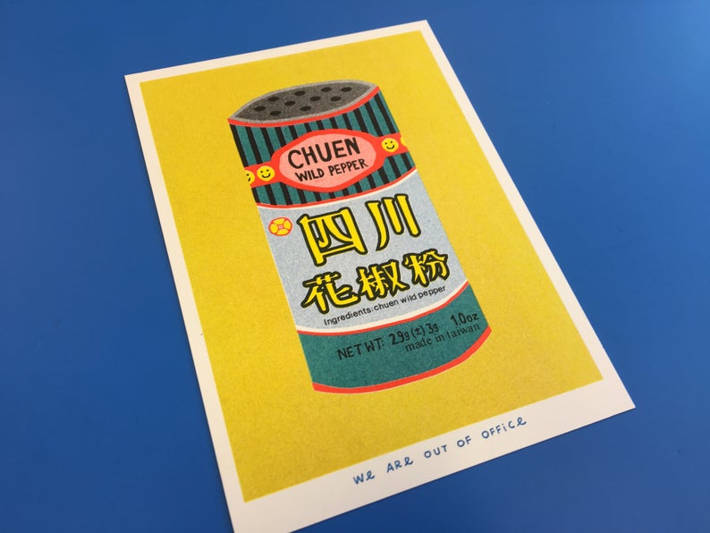 Close up picture of a Japanese inspired risograph print featuring a tin can of Chuen Pepper by Utrecht based We are out of office available now at Cuemars