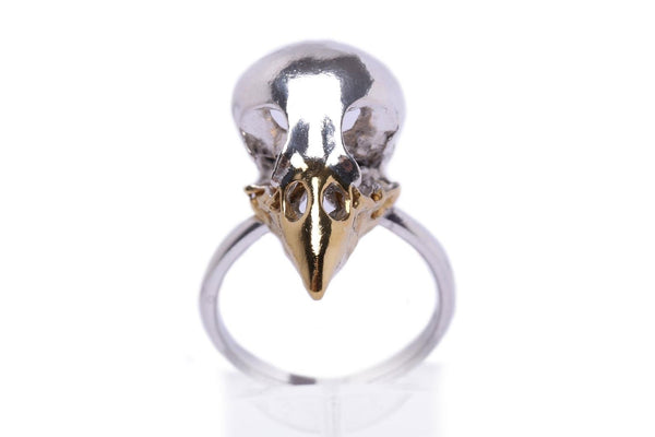 Handmade finch skull ring in sterling silver and 24ct gold plated beak