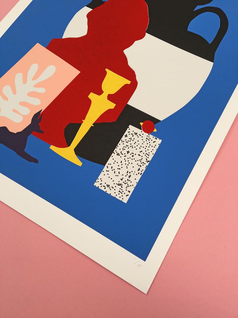 Close up picture of a limited edition of 15 screenprints featuring a bunch of historical stuff by Utrecht based We are out of office available now at Cuemars
