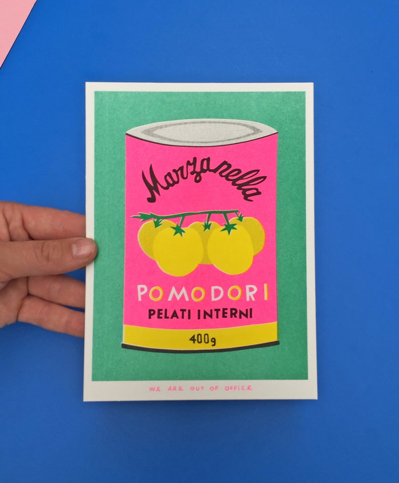 Vibrant risograph print featuring a can of italian Marzanella Pomodori. Designed and printed by Dutch studio We Are Out of Office