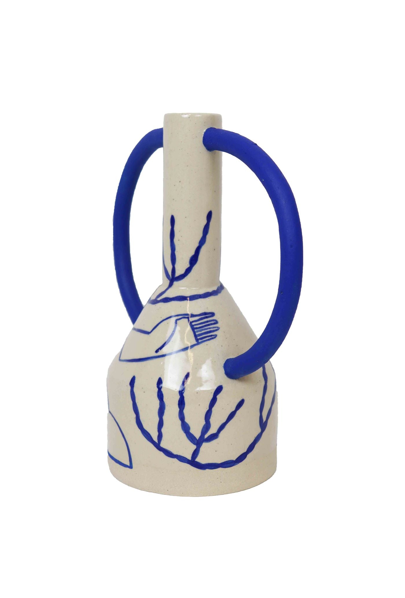 Big eared ceramic flower vase in blue and cream handmade by Sophie Alda