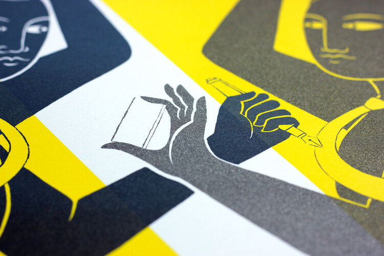 Close up details of Work meeting screen print by Tom Berry limited edition of 17