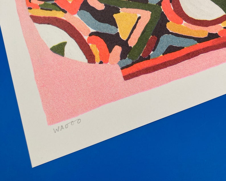 colourful riso prints of a painted bowl on a pink background, made by Dutch independent We Are Out Of Office. Available at Cuemars.