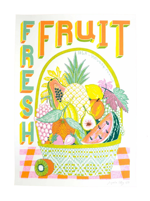 Colourful fresh fruit colourful silk screen print with the typography Fresh Fruit in orange and green, by Londoner Jacqueline Colley. Available at www.cuemars.com