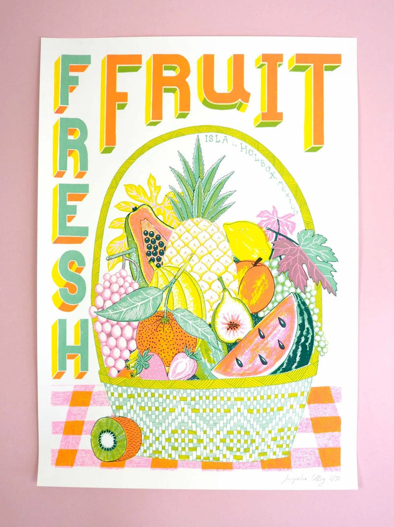 Colourful fresh fruit colourful silk screen print with the typography Fresh Fruit in orange and green, by Londoner Jacqueline Colley. Available at www.cuemars.com