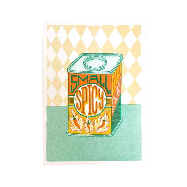 Colourful risograph print with typography Small but So spicy by British Illustrator Jacqueline Colley. Available at www.cuemars.com