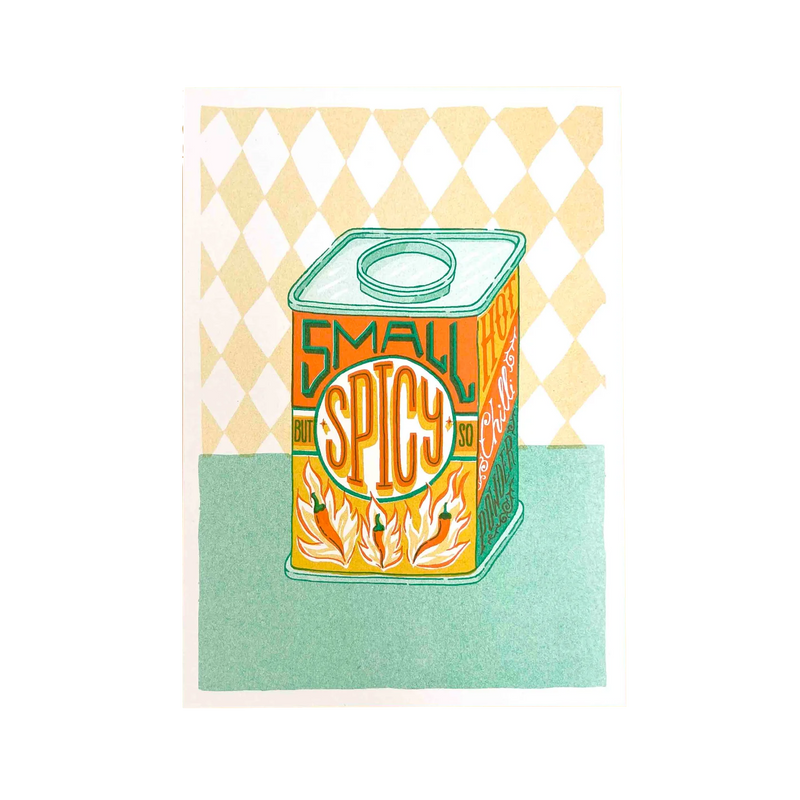 Colourful risograph print with typography Small but So spicy by British Illustrator Jacqueline Colley. Available at www.cuemars.com