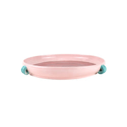 Pastel Pink glazed dish with blue handles handmade by Arianna de Luca, available at www.cuemars.com