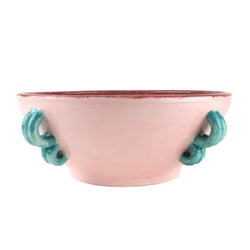 Pastel Pink glazed with blue handles handmade by Arianna de Luca, available at www.cuemars.com