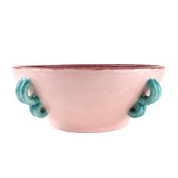 Pastel Pink glazed with blue handles handmade by Arianna de Luca, available at www.cuemars.com