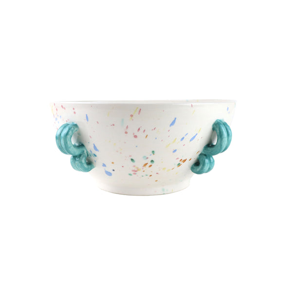 Speckled blue pink yellow fruit bowl handmade by Italian ceramicist Arianna de Luca