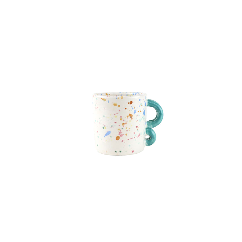 Speckled blue pink yellow mug handmade by Italian ceramicist Arianna de Luca