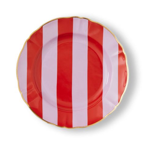 A 20.5 cm porcelain dessert plate from Bitossi Home's Abracadabra collection, featuring bold, hand-painted stripes in vibrant hues, accented with a metallic gold rim for a touch of elegance.