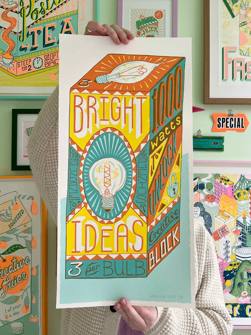 Colourful green and orange silk screen print with the typography Bright Ideas, by Londoner Jacqueline Colley. Available at www.cuemars.com