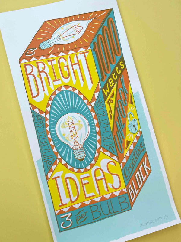 Colourful green and orange silk screen print with the typography Bright Ideas, by Londoner Jacqueline Colley. Available at www.cuemars.com