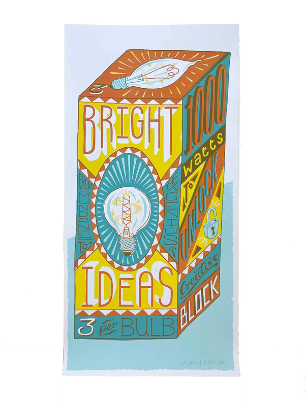 Colourful green and orange silk screen print with the typography Bright Ideas, by Londoner Jacqueline Colley. Available at www.cuemars.com