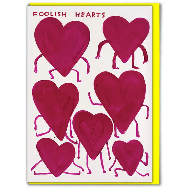 Red hearts greetings card with typography foolish hearts by David Shrigley, available at Cuemars
