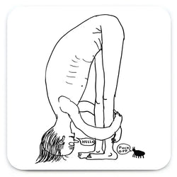 Man bending over looking at an ant saying hello. Coaster by David Shrigley.
