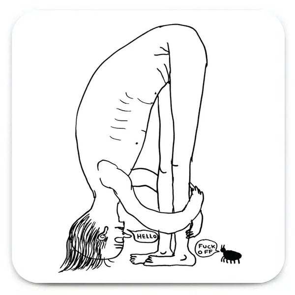 Man bending over looking at an ant saying hello. Coaster by David Shrigley.