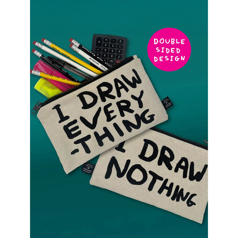 Cotton pencil case printed with a funny typography by artist David Shrigley, available at www.cuemars.com
