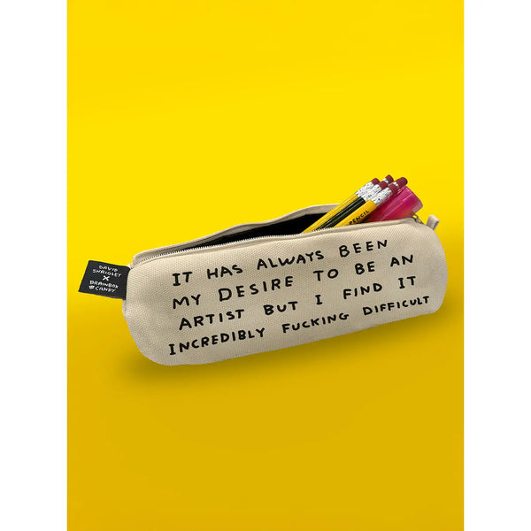 Cotton pencil case printed with a funny typography by artist David Shrigley, available at www.cuemars.com