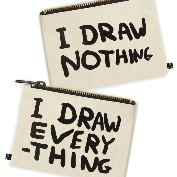 Cotton pencil case printed with a funny typography by artist David Shrigley, available at www.cuemars.com