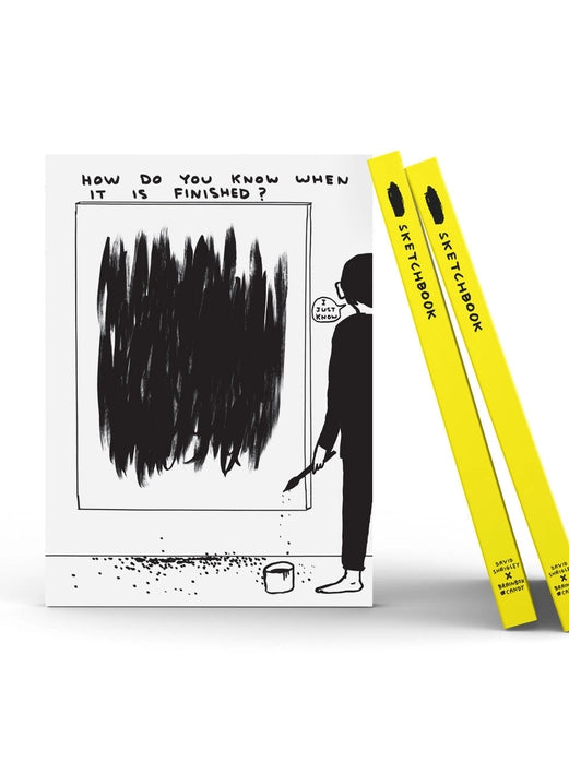 Artist in front of his canvas sketchbook by David Shrigley.