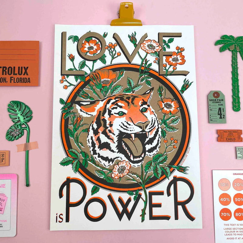 Closed up details of Love is Power motivational A3 Risograph illustration by Jacqueline Colley