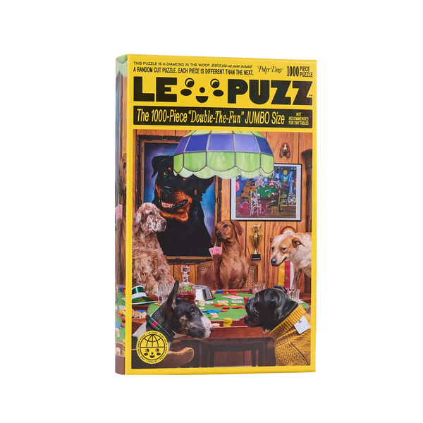 Le Puzz 1000-piece jigsaw puzzle featuring playful dog illustrations in vibrant colors – fun, collectible puzzle for dog lovers.