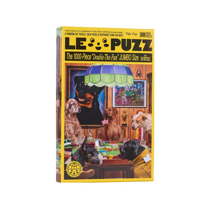 Le Puzz 1000-piece jigsaw puzzle featuring playful dog illustrations in vibrant colors – fun, collectible puzzle for dog lovers.