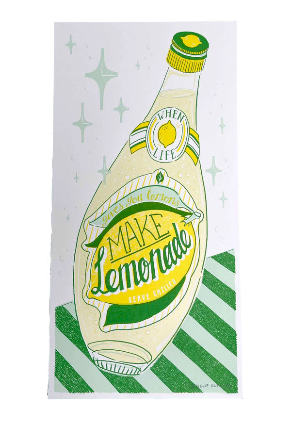 Colourful yellow and green silk screen print with the typography Make Lemonade, by Londoner Jacqueline Colley. Available at www.cuemars.com