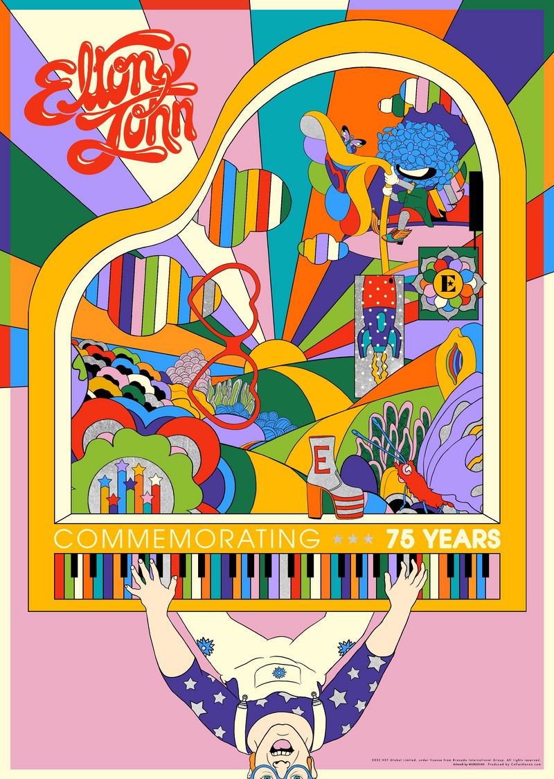 Colourful and bold screen print commemorating 75 years of Sir Elton John, available at www.cuemars.com