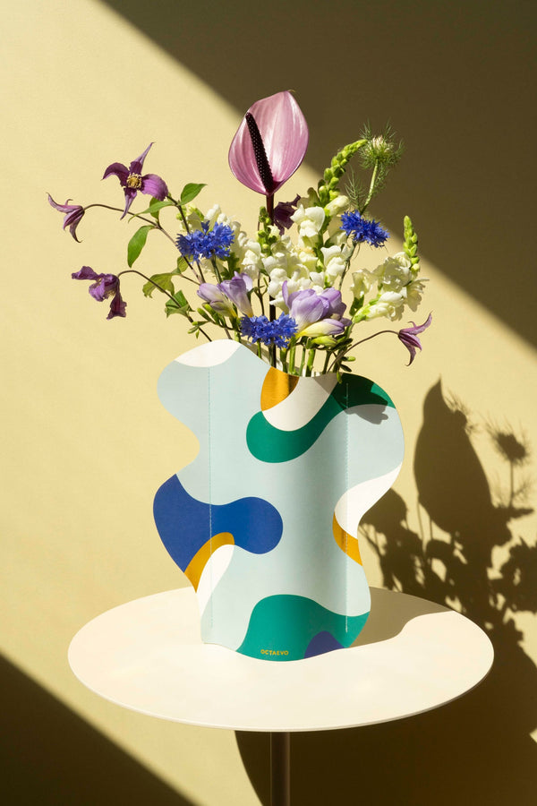 Blue green and gold paper vase Gaia by Barcelona based brand Octaevo, available at www.cuemars.com