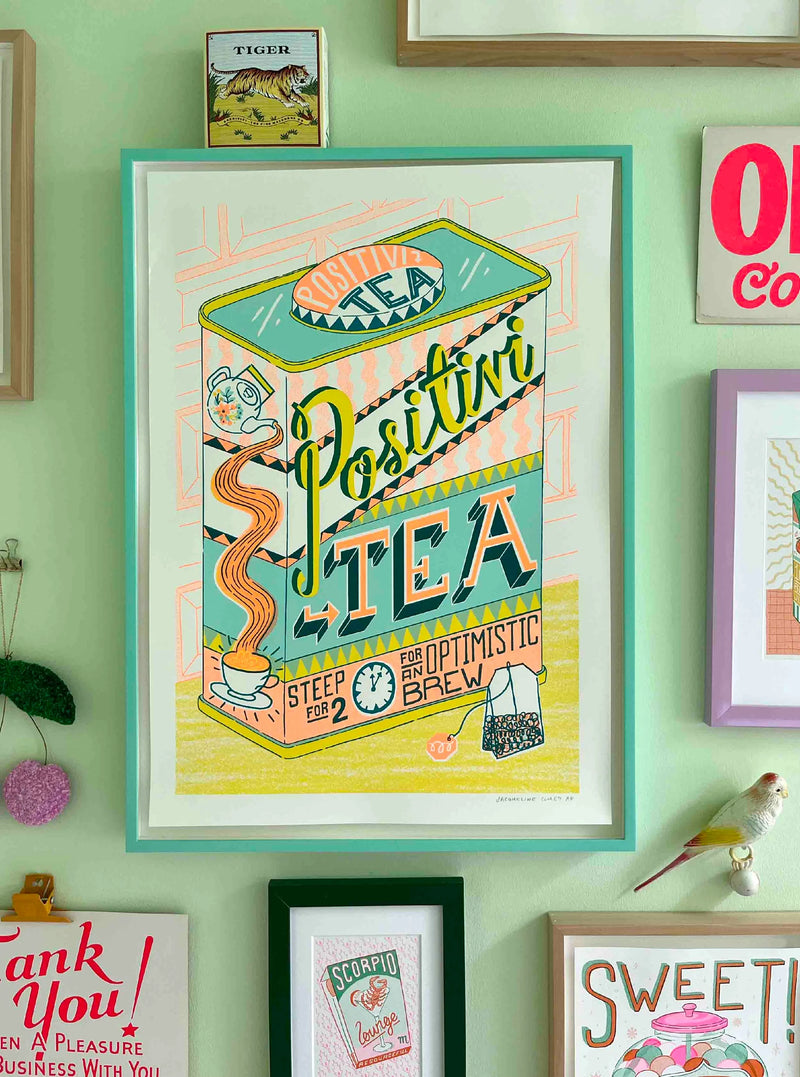 Colourful Positivity tea colourful silk screen print in orange and green, by Londoner Jacqueline Colley. Available at www.cuemars.com