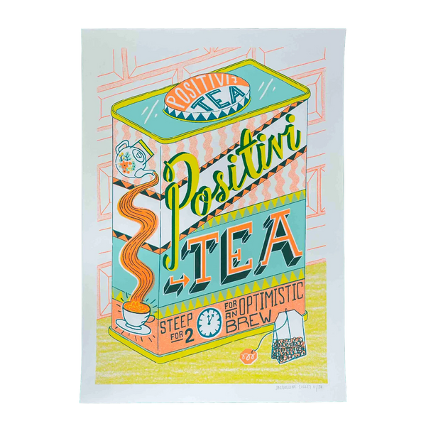 Colourful Positivity tea colourful silk screen print in orange and green, by Londoner Jacqueline Colley. Available at www.cuemars.com