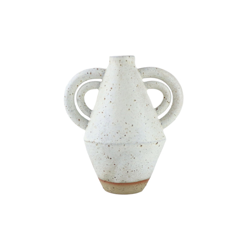 Handmade ceramic diamond vase with handles in speckled white, by Sophie Alda. Available at www.cuemars.com
