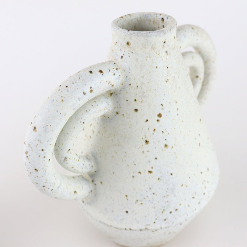 Handmade ceramic diamond vase with handles in speckled white, by Sophie Alda. Available at www.cuemars.com