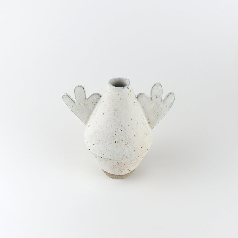 Diamond shape ceramic vase in heavy speckled with flower shaped arms, handmade by Sophie Alda, available at www.cuemars.com