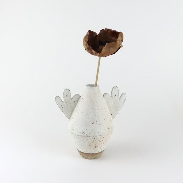 Diamond shape ceramic vase in heavy speckled with flower shaped arms, handmade by Sophie Alda, available at www.cuemars.com